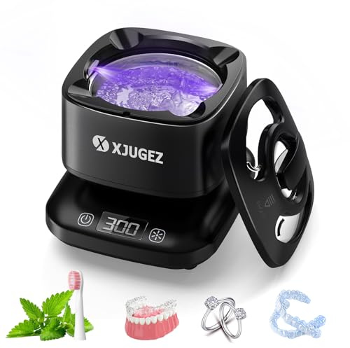 XJUGEZ Ultraschallreinigungsgerät, 42000Hz Ultraschallreiniger 24W 180ML Ultrasonic Cleaner mit UV Lampe Ultraschallbad für Zahnersatz, Retainer, Aligner, Prothesen, Zahnschiene und Schmuck, Schwarz