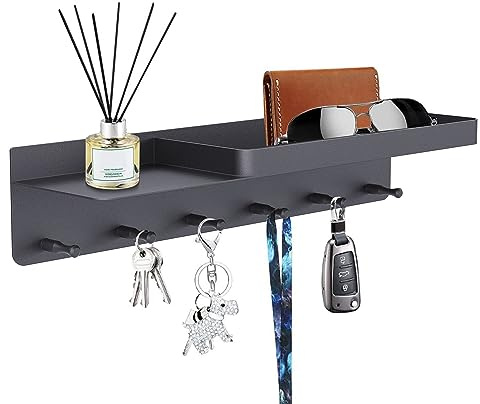 Honsdom Schlüsselbrett mit Ablage und 6 Haken, Schlüsselregal Schwarz Organizer Schlüsselablage, Schlüsselboard ohne Bohren Wandmontage für Eingangsbereich, Flur, Küche
