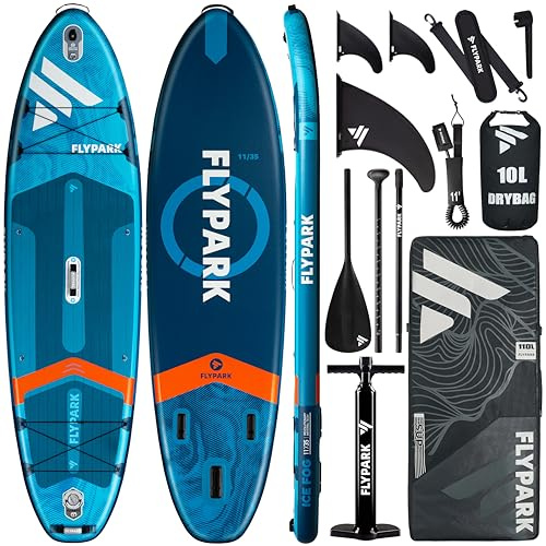 Flypark Angel- und Familien-Paddelbrett, 325 x 28 x 89 cm, extra breit, SUP, aufblasbar, 195 kg, 3 Personen, Stand-Up-Paddle-Board für Erwachsene, Kamerahalterung, Schultergurt, Rutenhalter