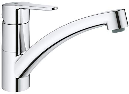 GROHE StartGo, Küchenarmatur, 140° schwenkbar, flacher Auslauf, Hochdruck | Wasserhahn für die Küche, isolierte Wasserwege für mehr Hygiene, werkzeugfreie Spülbecken-Montage (chrom, 31685000)