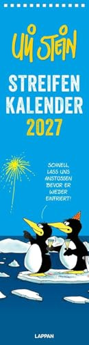 Kalender 2027 - Streifenkalender Wandkalender - 120x460mm - Jahreskalender mit Motiv Seiten & Spiralbindung +5 Postkarten Geschenk - Stein Cartoons - Monatskalender mit lustigen Sprüchen