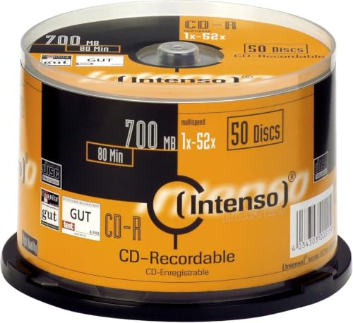 Intenso CD-R Rohlinge (52x Speed, 80 Min, 700MB, 50er Spindel) | Premium Speichermedium für Daten und Audio, kompatibel mit allen CD-Brennern, kratzfeste Oberfläche für Datensicherheit