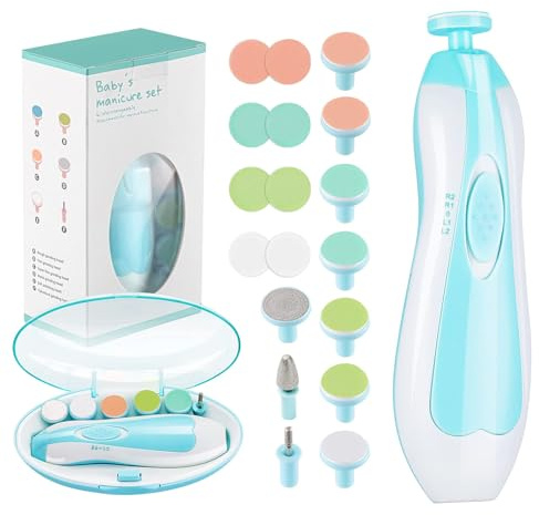 Zooawa Elektrische Nagelfeile Baby 20 in 1,Elektrischer Baby Nageltrimmer, Nagelfeilen Set mit 12 Ersatzpads, Pflegeset für Neugeborene Säuglinge Kleinkinder Erwachsene, Zehen Fingernägel Pflege, Blau