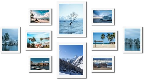 KAIWIN Set mit 10 Fotorahmen; Multi-Fotorahmen; zwei 20 x 25 cm; vier 13 x 18 cm; vier 10 x 15 cm, Bilderrahmen Collage Weiß