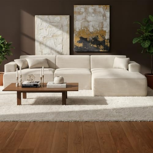 skølm Freki Cloud Couch – Sofa 4 Sitzer aus Cord in Beige mit 3 Kissen – L-Form Eckcouch mit Hocker – Vollschaumcouch mit Federkern & Vakuum-Kompression 320 cm breit – kein Aufbau erforderlich