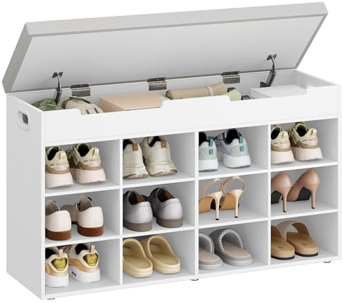 Hzuaneri Schuhbank mit Sitzfläche, 12 Fächer, Weiß | Schuhregal, Sitzbank mit Stauraum, Herausnehmbare Regale, 30 x 100 x 55 cm, Für Wohnzimmer, Flur, Eingang, SB53503GY