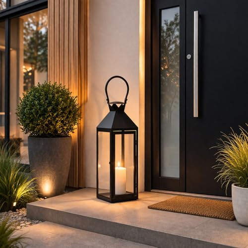 XXL Luxus Gartenlaterne aus Metall Windlicht Laterne Glas H54 cm schwarz