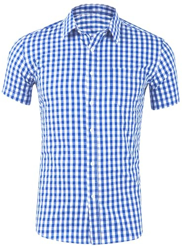 DUOLUVA Trachtenhemd Herren Kurzarm Oktoberfest Hemd Herren Blau Kariertes Shirt Mens mit Brusttasche Universal Fit