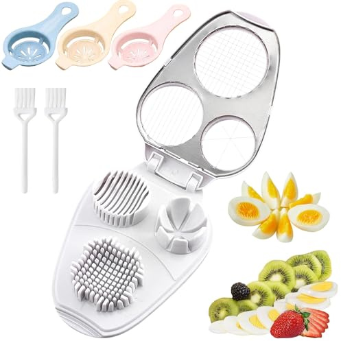 3 in 1 Eierschneider Edelstahl mit 3 Stück Eiertrenner und 2 Stück Mini-Reinigungsbürste, Egg Slicer mit Transparenter Schale, Mehrzweck Egg Schneider Spülmaschinenfest für Eier Pilze Weiches Obst