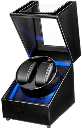 Tolesum Uhrenbeweger für 2 Uhren - Extrem Leiser Motor, 5 Modi & LED-Licht, Automatischer Uhrendreher mit Open-and-Stop Funktion, USB-C Betrieb, Antimagnetische Uhrenbox für Automatikuhren, Schwarz