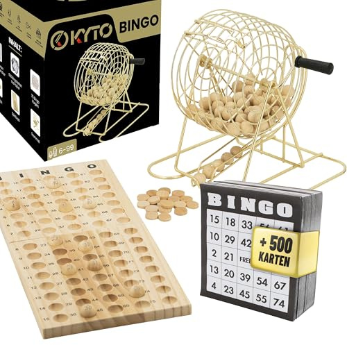 Kyto Bingo Spiel XXL - Trommel Gold, 75 Kugeln & 18 Bingokarten | Metalltrommel mit Kurbel, 150 Holzchips, 500 Papierkarten - für Kinder ab 6, Erwachsene & Senioren