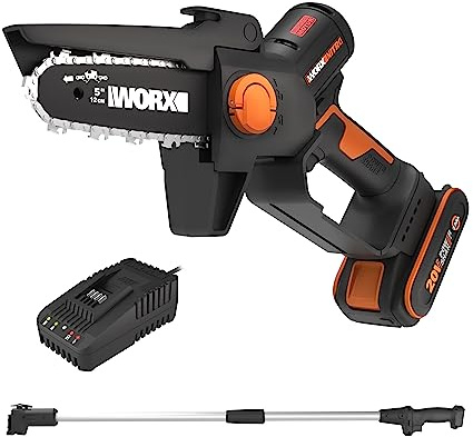 WORX NITRO WG325E.1 Mini-Kettensäge 20V, Einhand Kettensäge, bürstenloser Motor, 12cm Schwertlänge, inkl. PowerShare Akku, Ladegerät & 125cm Verlängerungsstange