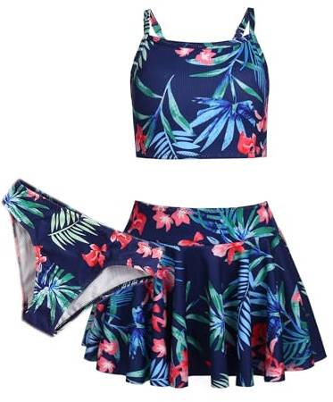 Arshiner Mädchen Bikini Set Tankini mit Rock für 5-14 Jahre | Blumendruck, Atmungsaktiv, Bequem, Mode, Leicht, Sommer Dreiteilig für Strand und Schwimmen