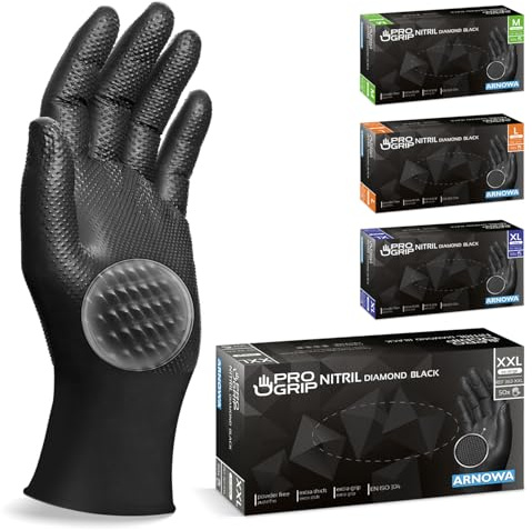 PROGRIP Einweghandschuhe Diamant Grip, Schwarz, Einmalhandschuhe Extra Stark, Nitrilhandschuhe Gr. XXL, 2x dicker, Handschuhe Einweg, Arbeitshandschuhe für Werkstatt & Montage, 50 Stk/Box