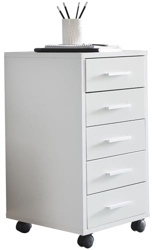 FineBuy Rollcontainer 33x63x38 cm Weiß Holz mit 5 Schubladen | Schubladenschrank klein mit Rollen, Bürocontainer passt neben und unter den Schreibtisch, Rollschrank