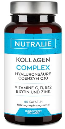 Kollagen Hyaluronsäure - Hydrolysat + Biotin + Q10 - Vitamin C, D, B12 und Zink - Collagen Complex - 60 Kapseln Nutralie