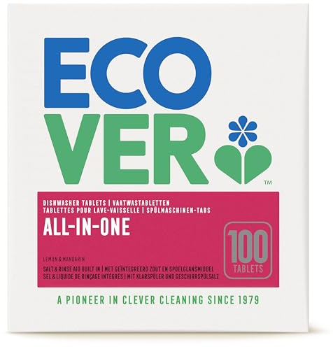Ecover Spülmaschinentabs All-in-One, mit Geschirrspülsalz und Klarspüler, kraftvolle Reinigung, Mandarinen- & Zitronenduft, 100 Tabs Packung