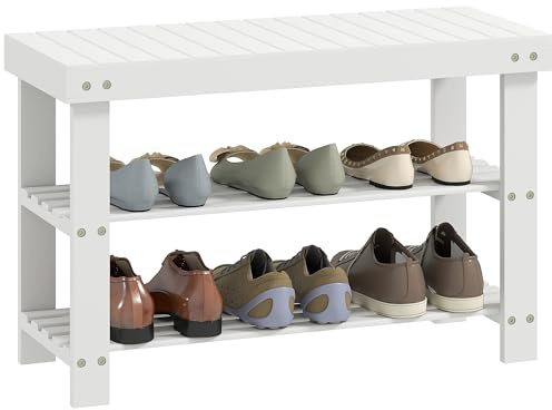 HOMCOM Schuhbank Schuhregal aus Bambus mit Sitzfläche Sitzbank mit Stauraum, 2 Ablagen Flurbank für Wohnzimmer, Flur, 70 x 28 x 45 cm, Weiß