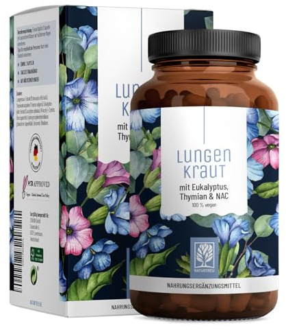 NATURTREU Lungenkraut Kapseln - Extrakt aus 3.000mg Lungenkraut pro Tagesdosis - Hochdosiert und optimal ergänzt mit Thymian, Eukalyptus, NAC & Vitamin B2 - Vegan & Laborgeprüft in Deutschland