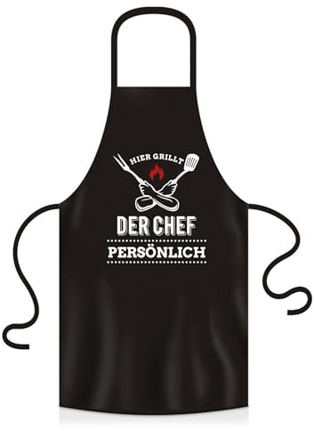 YORA Grillschürze für Männer Vatertagsgeschenk - Kochschürze lustig [inkl. Urkunde] - lustige Geschenke zum Vatertag - Geschenkideen Opa & Papa - Leute (Motiv: Der Chef grillt)