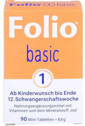 Folio 1 basic Nahrungsergänzung – Kinderwunsch & Frühschwangerschaft (bis 12. SSW) – 90 Mini-Tabletten im Klickspender – mit 800 µg Folsäure, Vitamin B12, D3 & Jod – für Zellteilung & Immunsystem