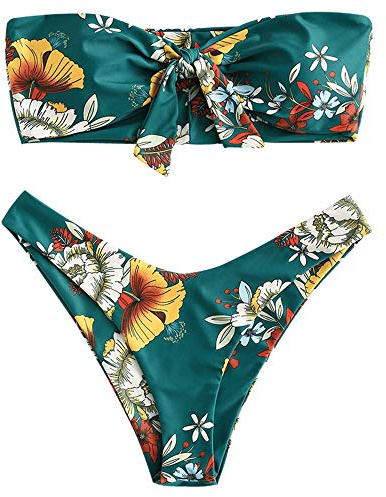 ZAFUL Damen Bikini Set mit O-Ring und Raffung hinten, hoher Schnitt, Bandeau Bikini Set, solide gepolstert, trägerlos, Zweiteiliger Badeanzug
