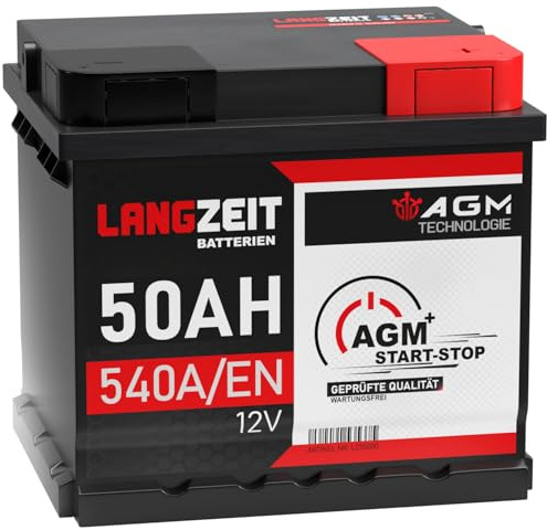 LANGZEIT AGM Batterie 50Ah 12V 540A/EN Start-Stop Autobatterie VRLA