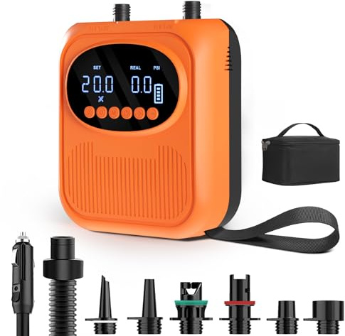 Mojimdo Elektrische SUP Pumpe 20 PSI, Kabellos Wiederaufladbar, 5 Modi & Custom Modus, Kompakt mit Trageschlaufe, Auto-Off & PSI/Pa Umschaltung, Luftpumpe für Kajaks, Zelte & Luftmatratzen