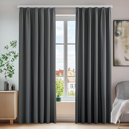 Deconovo Vorhänge mit Kräuselband Vorhang Abdunklungsvorhang Dicke Gardinen Wohnzimmer Winter, 245x140 cm(HöhexBreite), Dunkelgrau, 2er Set