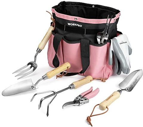 WORKPRO Gartenwerkzeug Set, 8 in 1 Rosa Gartengeräte mit Aufbewahrungstasche, aus Edelstahl, Gartenschaufel mit Holzgriff, Blumenschere, Gartenkralle, Handgrubber, Geschenk für Gärtnerin und Gärtner