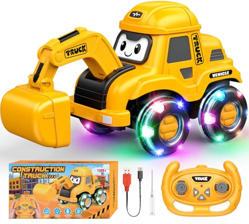 HappyGoLucky Ferngesteuertes Auto Bagger Spielzeug ab 2-8 Jahre, 2.4Ghz RC Bagger Kinder Sandspielzeug mit Licht, Baufahrzeug Spielzeugautos Geburtstags Ostergeschenke für Kinder Junge