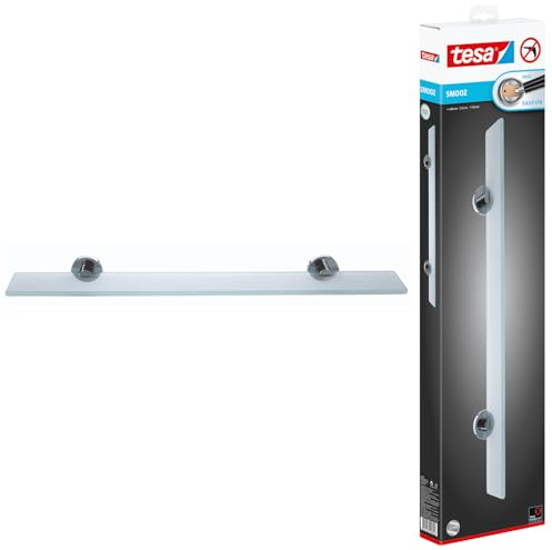 tesa SMOOZ Glasablage aus satiniertem Glas, verchromte Halterung - Badablage zur Wandbefestigung ohne Bohren, inkl. Klebelösung - 50 mm x 600 mm x 120 mm