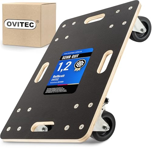 OVITEC Rollbrett Schwerlast | Extra leise Rollen | 400kg Belastung | mit 2 Festell-Bremsen und Tragegriffen | Hochwertiges Holz | Transportroller | Rollwagen für Pflanzgefäße
