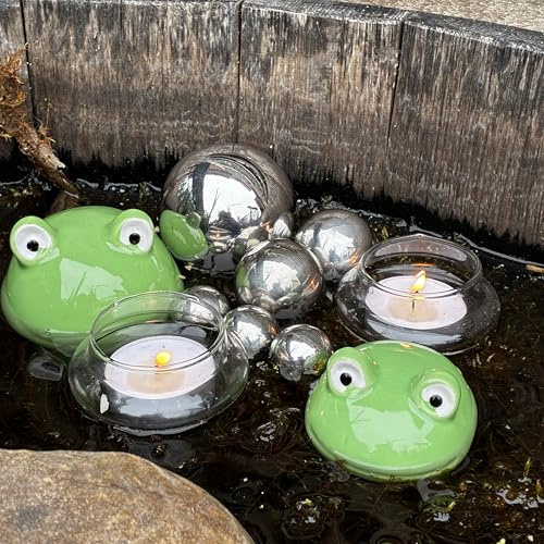 Storm's Gartenzaubereien Schwimmfrösche 2er Set mit Teelichtschalen und silbernen Schwimmkugeln - Teichkugeln Teichdeko