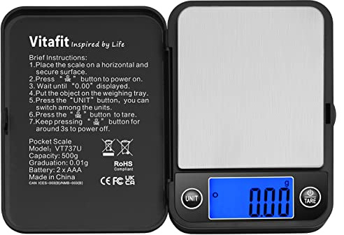 Vitafit 500g Digitale Feinwaage 0.01g, Blaues LCD, Taschenwaage Schwarz | Professionelle Fabrik Seit 2001 Tragbar Waage Gramm für Küche/Lebensmittel/Schmuck/Kaffee/Münz,Tara, Goldwaage 2AAA Enthalten