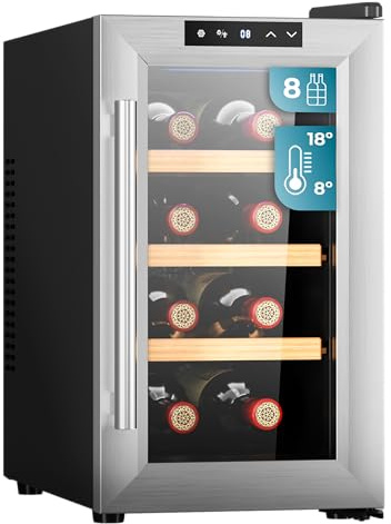 Cecotec Weinregal 8 Flaschen Bolero GrandSommelier 830 CoolWood, Thermoelektrisch, Geräuscharm und hohe Leistung, Einstellbare Temperatur: 8-18ºC, Touch-Steuerfeld, Anzeigen
