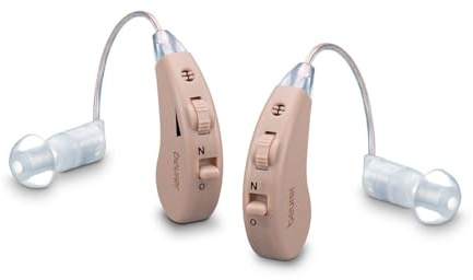 Beurer HA 55 Paar Hörgeräuschverstärker, 2er Set, ergonomische Passform, je 3 Aufsätze, klarer Klang dank RIC-Bauweise, USB Ladestation, Aufbewahrungsbox, Trocknungskapseln