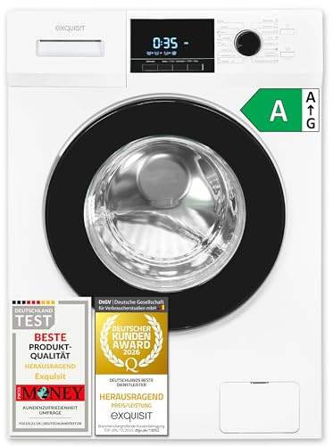 Exquisit WA59214-340A Waschmaschine 9kg - Energieklasse A - 1400 U/Min | Frontlader mit Aquastop, 16 Programmen & Kurzprogramm. Ideal für Familien dank großer Trommel und Startzeitvorwahl.