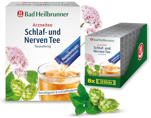 Bad Heilbrunner Schlaf- & Nerven Tee - Arzneitee im Stick, Tassenfertig - Melisse, Lavendel & Hopfen - beruhigt bei Nervosität & Einschlafstörung - für überreizte Nervenbündel (8 x 10 Sticks)