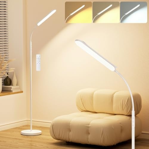 marctronic Weiß LED Stehlampe, 18W 1800LM Super Hell Stehlampe Dimmbar Farbtemperatur 2700K-6500K, 360° Flexibler Leselampe Modern Stehleuchte mit Fernbedienung für Wohnzimmer Schlafzimmer Büro