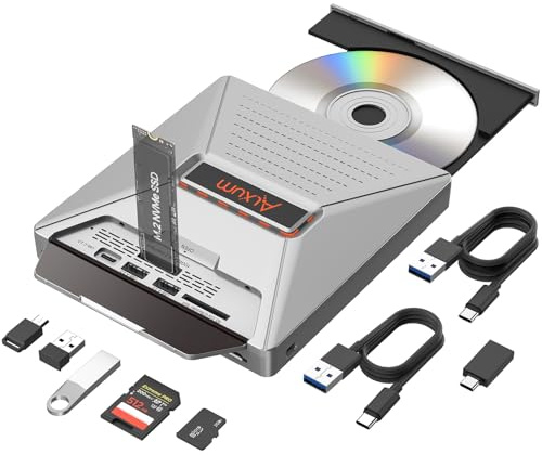 Alxum Externes DVD/CD Laufwerk mit M.2 NVMe 10Gbps & SD/Micro SD Kartenslot | lesen & brennen. M.2 NVMe SSD 10Gbps. SD & Micro SD Kartenslot. Zusätzliche USB Ports. Plug & Play. Windows, Linux, Mac OS.