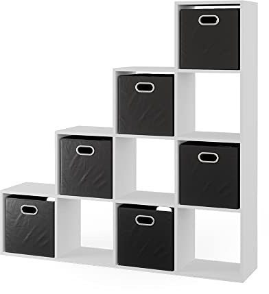 Vicco Treppenregal, Weiß, 142.5 x 140 cm | mit 6 Faltboxen, als Raumteiler in leiterförmiger Bauweise einsetzbar