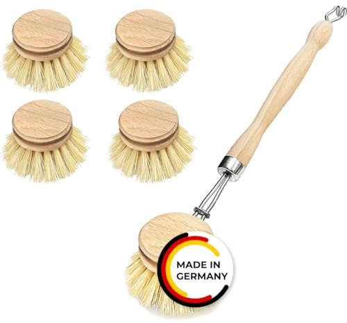 Spülbürste Holzspülbürste + 4 Ersatzköpfe. Nachhaltige Bürsten aus zertifiziertem Buchenholz und Natur Fibre Pflanzenborsten. Langlebig, praktisch und CO²-neutral - Made in Germany