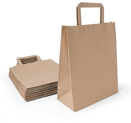 Inoverse 250 Stück Papiertragetaschen, Geschenktüten, 22+10x28 cm Papiertüten mit Henkel, Braun Kraftpapier Tüten, Papier Tragetasche, Papiertaschen, Klein Einkaufstüten