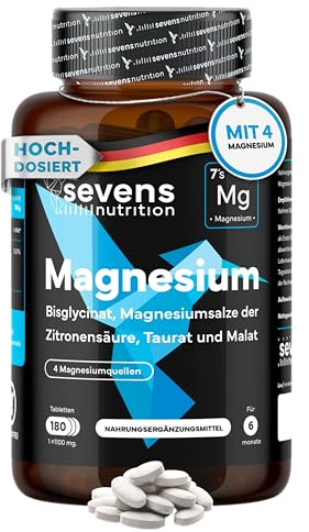 Magnesium Komplex Hochdosiert - Premium – 418 mg elementares Magnesium pro Tagesdosis – Mit 4 hochwertigen Verbindungen: Bisglycinat, Citrat, Malat und Taurat – 180 Tabletten – Sevens