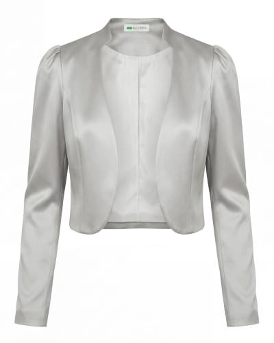 Bolerose Satin Bolero Jacke Damen Langarm Puffärmel Blazer | Gekräuselte Schulterpartie, Komplett gefüttert, Offene Front, Glänzend, Zum Überziehen, Größen XS-5XL