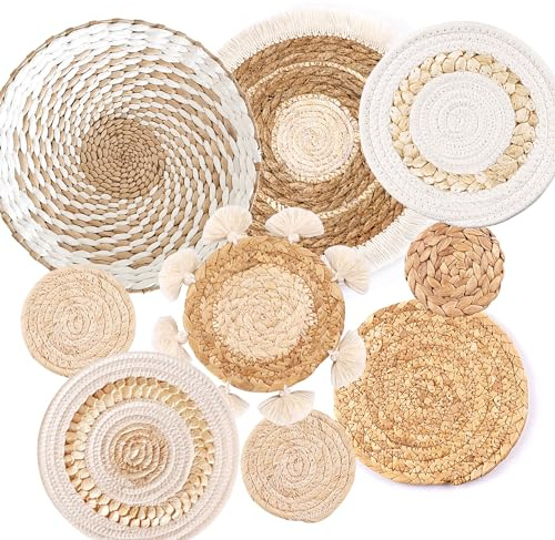 9 Stück Boho-Wandkorb-Set, gewebte Wandkorbdekoration, Seegras, Rattan, Boho-Wanddekoration, umweltfreundlich, runde Wandkunst für Bauernhaus, Schlafzimmer, Wohnzimmer, Ausstellungstisch, Küche,