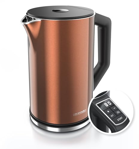 Arendo - Edelstahl Wasserkocher mit Temperatureinstellung 40-100 Grad in 5er Schritten - Doppelwand Design - Modell ELEGANT - 1,5 Liter - 2200 W - Teekocher mit Temperaturanzeige - GS - Kupfer