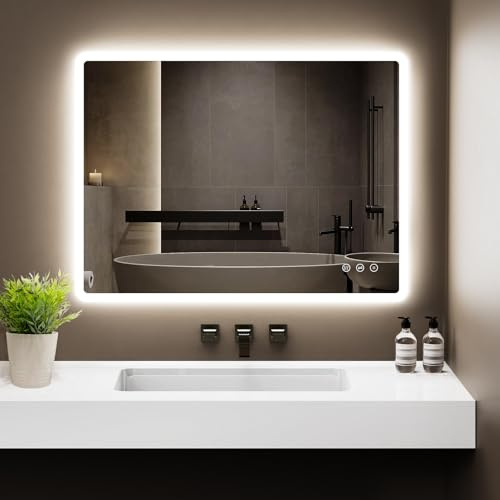GIMBELEN Badezimmerspiegel Led Badspiegel 80x60 cm, Rechteckig, Touch-Schalter, Dimmbar, 3 Lichtfarbe Einstellbare Spiegel Bad mit Beleuchtung, Vertikal, Antibeschlag，für Montage Horizontal/Vertikal