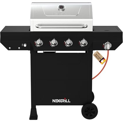 Nexgrill Classic 4-Brenner Gasgrill mit Seitenbrenner – Premium Edelstahl Gas grill mit porzellanbeschichteten Gusseisenrosten, Even-Heat-System – Garten, Balkon & BBQ-Events